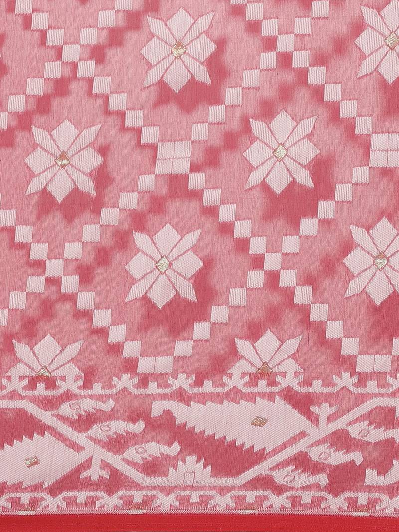 Pink & White Woven Design Jamdani Saree Without Blouse