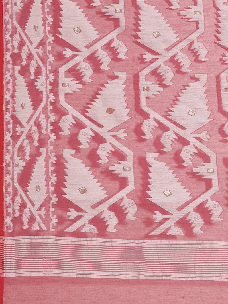 Pink & White Woven Design Jamdani Saree Without Blouse