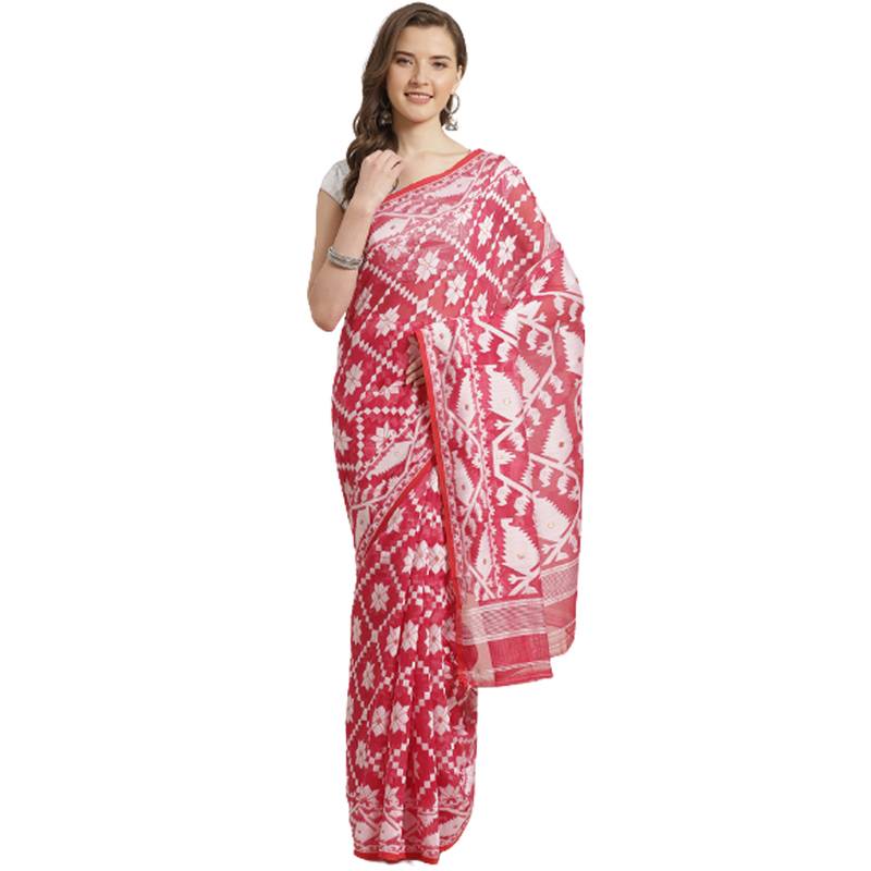 Pink & White Woven Design Jamdani Saree Without Blouse