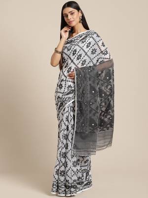 White & Black Woven Design Dhakai Jamdani Saree Without Blouse 1