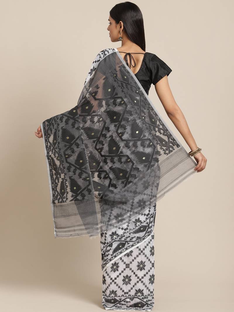 White & Black Woven Design Dhakai Jamdani Saree Without Blouse