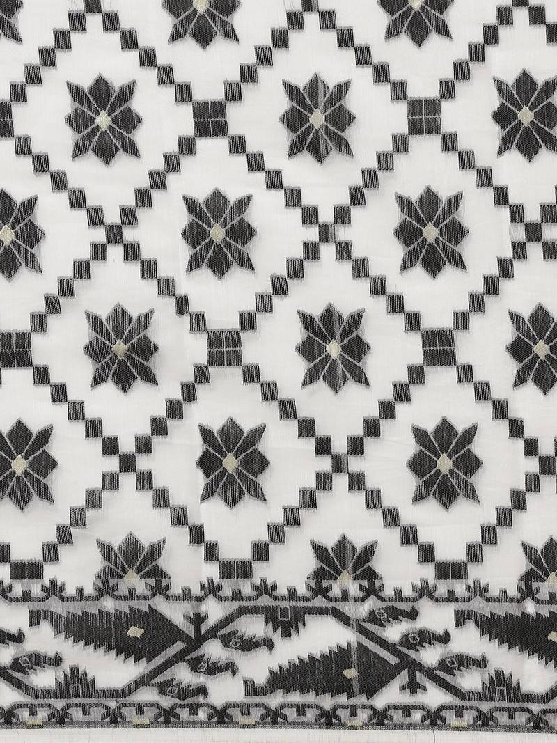 White & Black Woven Design Dhakai Jamdani Saree Without Blouse