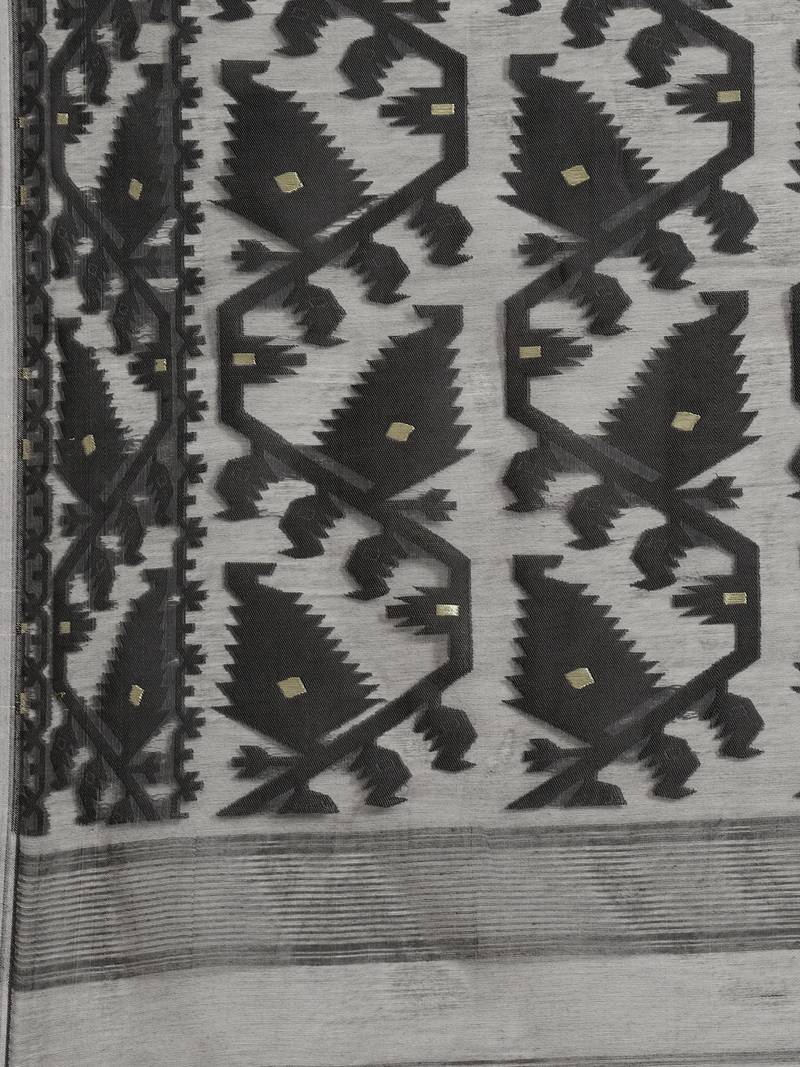 White & Black Woven Design Dhakai Jamdani Saree Without Blouse