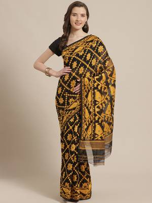 Black & Mustard Yellow Woven Design Dhakai Jamdani Saree Without Blouse 1
