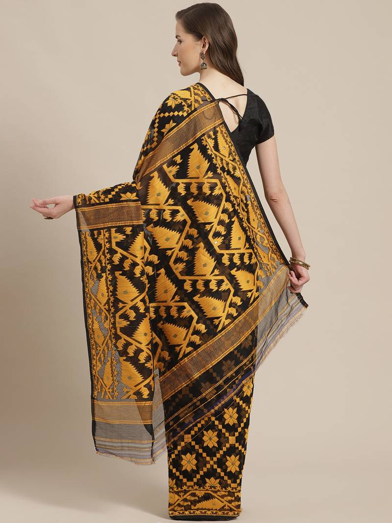 Black & Mustard Yellow Woven Design Dhakai Jamdani Saree Without Blouse