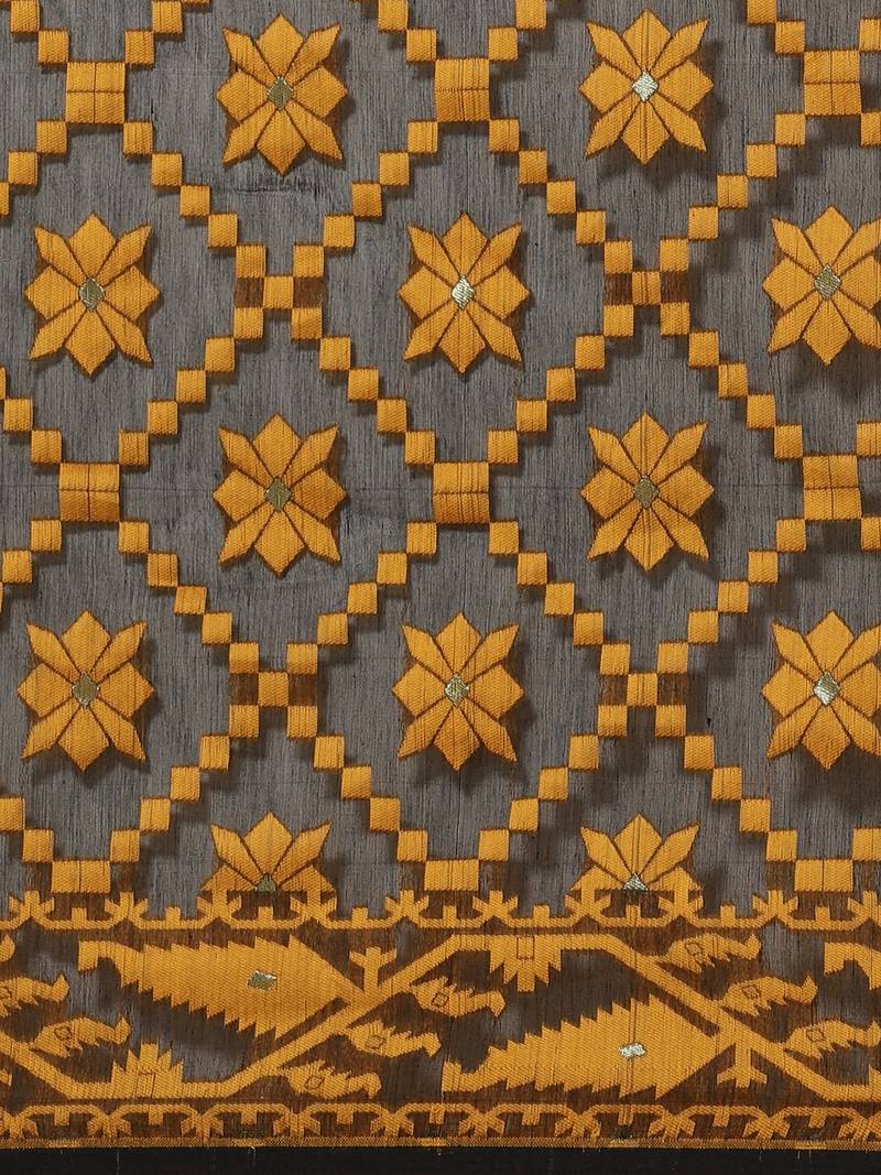 Black & Mustard Yellow Woven Design Dhakai Jamdani Saree Without Blouse