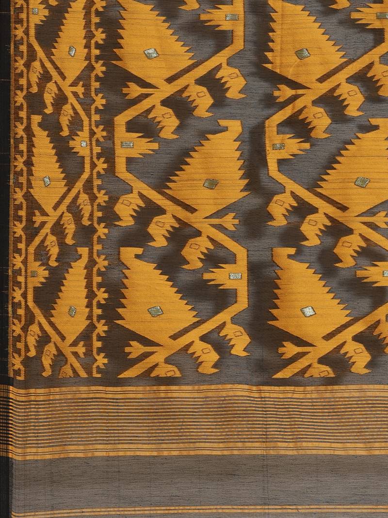 Black & Mustard Yellow Woven Design Dhakai Jamdani Saree Without Blouse