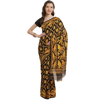 Black & Mustard Yellow Woven Design Dhakai Jamdani Saree Without Blouse 5