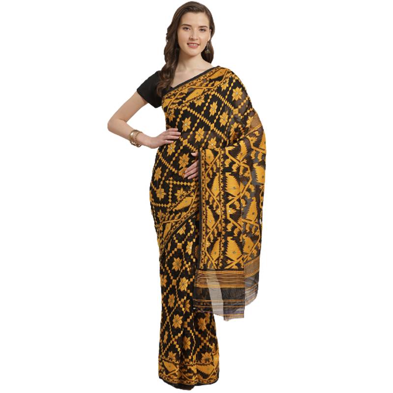 Black & Mustard Yellow Woven Design Dhakai Jamdani Saree Without Blouse