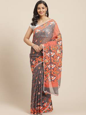 Charcoal Grey & Orange Woven Design Dhakai Jamdani Saree Without Blouse 1