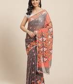 Charcoal Grey & Orange Woven Design Dhakai Jamdani Saree Without Blouse