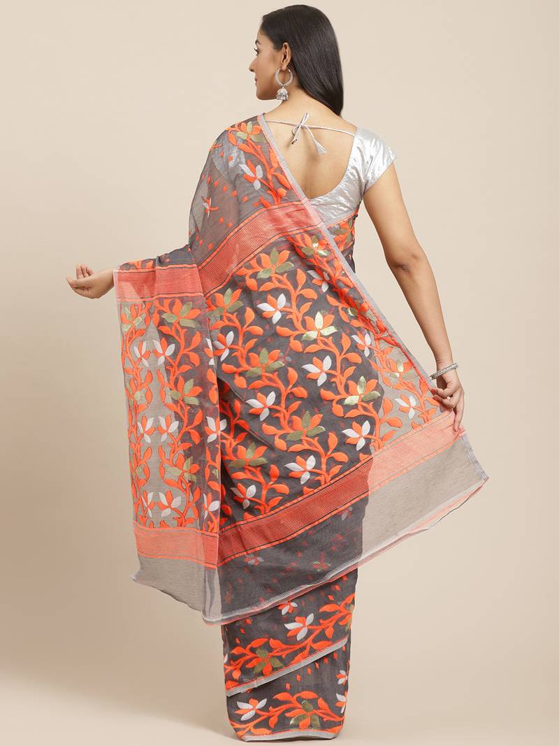 Charcoal Grey & Orange Woven Design Dhakai Jamdani Saree Without Blouse