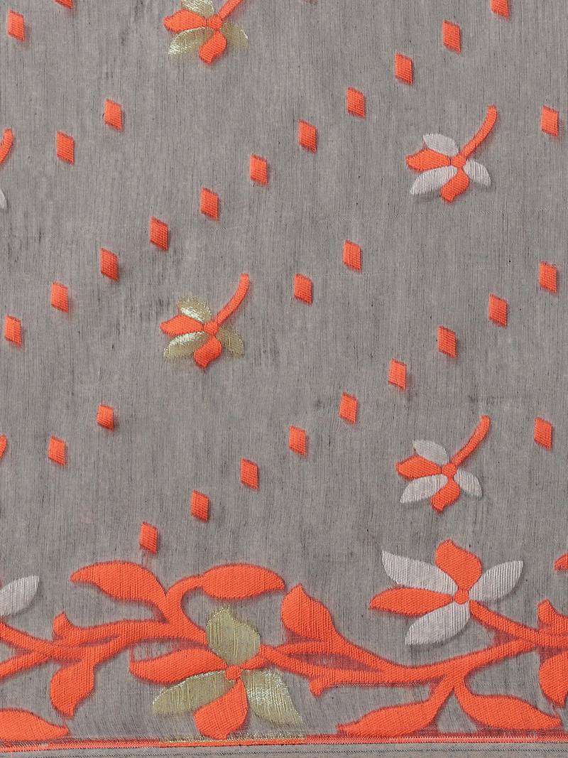 Charcoal Grey & Orange Woven Design Dhakai Jamdani Saree Without Blouse