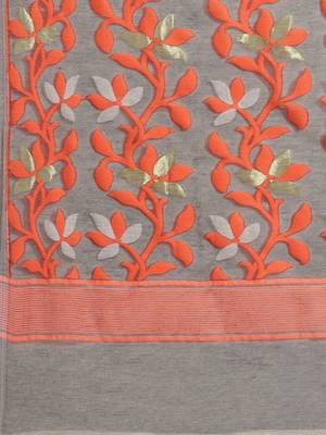 Charcoal Grey & Orange Woven Design Dhakai Jamdani Saree Without Blouse 4