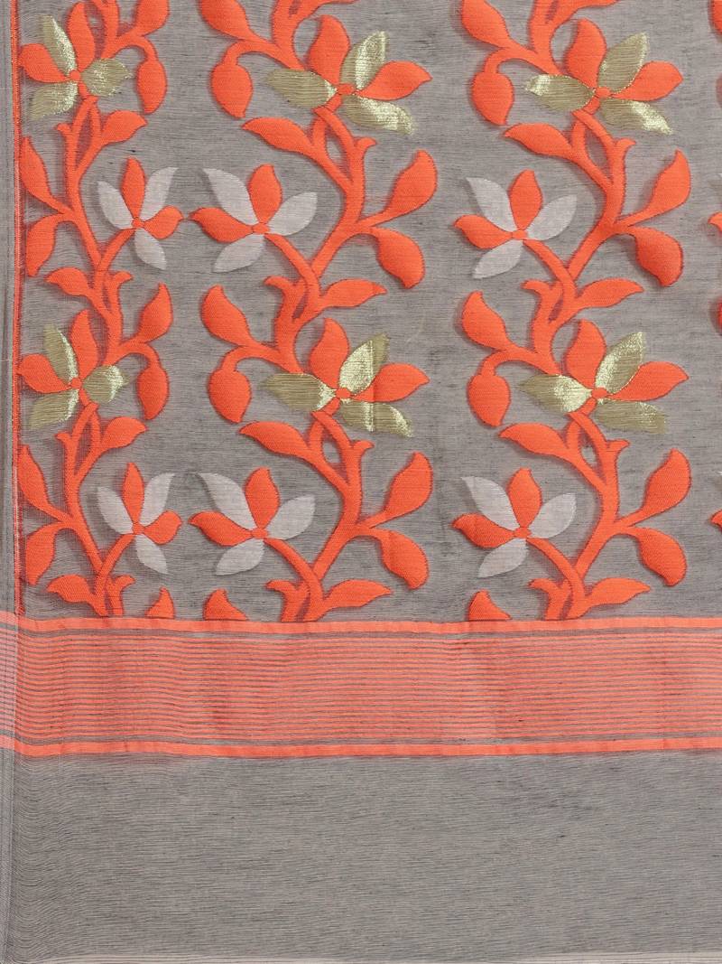 Charcoal Grey & Orange Woven Design Dhakai Jamdani Saree Without Blouse