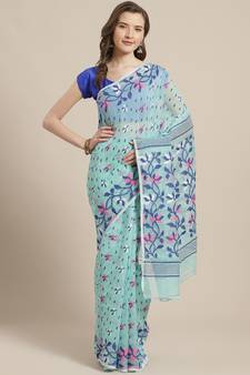 Blue & Pink Floral Woven Design Dhakai Jamdani Saree Without Blouse