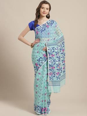 Blue & Pink Floral Woven Design Dhakai Jamdani Saree Without Blouse 1
