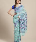 Blue & Pink Floral Woven Design Dhakai Jamdani Saree Without Blouse