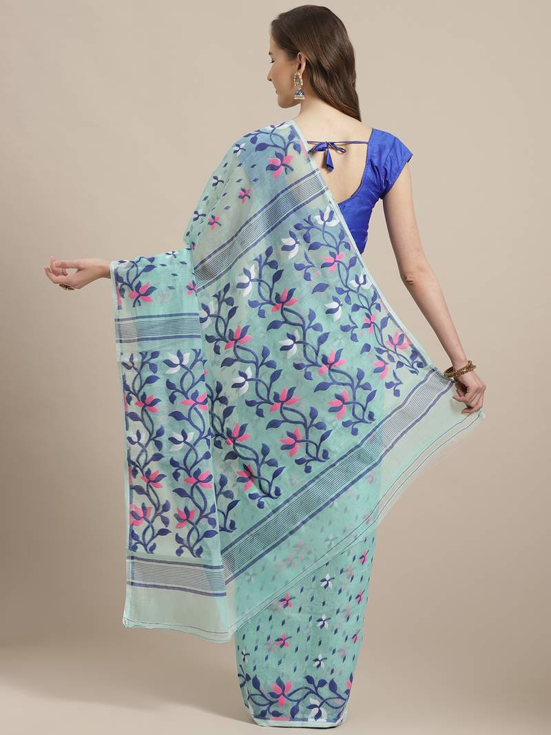 Blue & Pink Floral Woven Design Dhakai Jamdani Saree Without Blouse