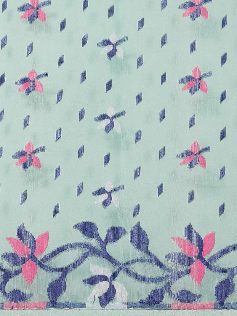 Blue & Pink Floral Woven Design Dhakai Jamdani Saree Without Blouse