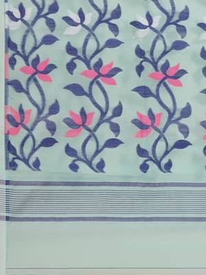 Blue & Pink Floral Woven Design Dhakai Jamdani Saree Without Blouse 4