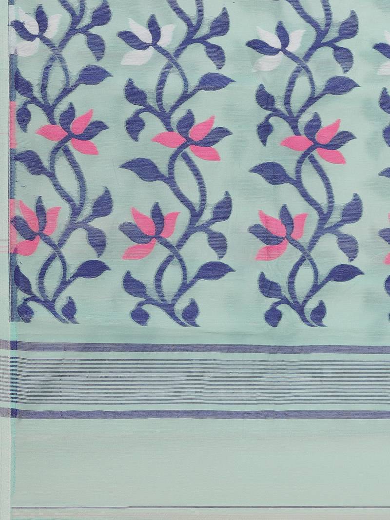 Blue & Pink Floral Woven Design Dhakai Jamdani Saree Without Blouse