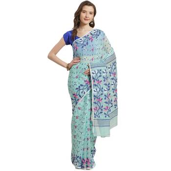 Blue & Pink Floral Woven Design Dhakai Jamdani Saree Without Blouse 5