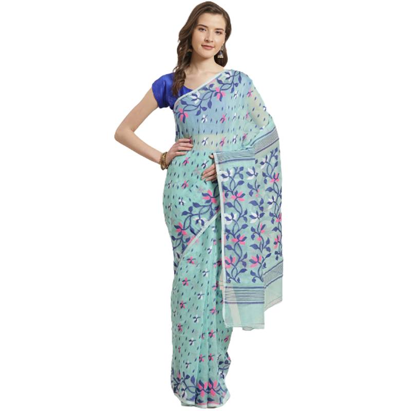 Blue & Pink Floral Woven Design Dhakai Jamdani Saree Without Blouse