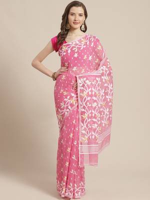 Pink & White Floral Woven Design Dhakai Jamdani Saree Without Blouse 1