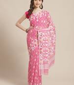 Pink & White Floral Woven Design Dhakai Jamdani Saree Without Blouse