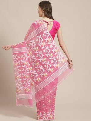 Pink & White Floral Woven Design Dhakai Jamdani Saree Without Blouse 2