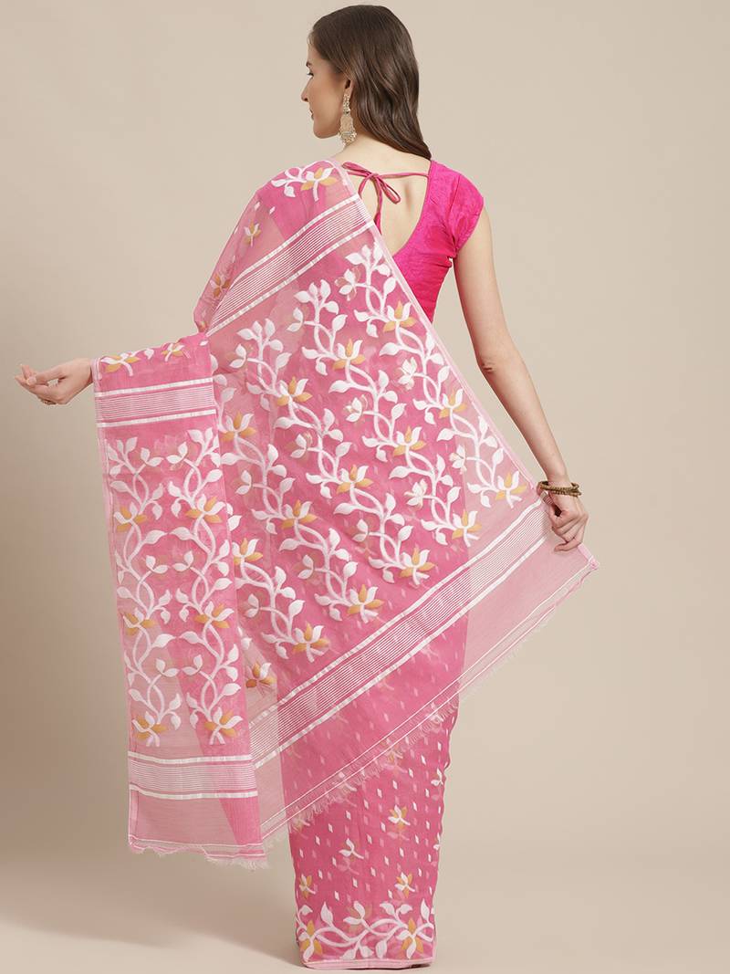 Pink & White Floral Woven Design Dhakai Jamdani Saree Without Blouse