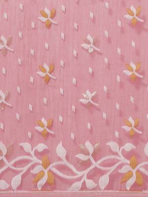 Pink & White Floral Woven Design Dhakai Jamdani Saree Without Blouse 3
