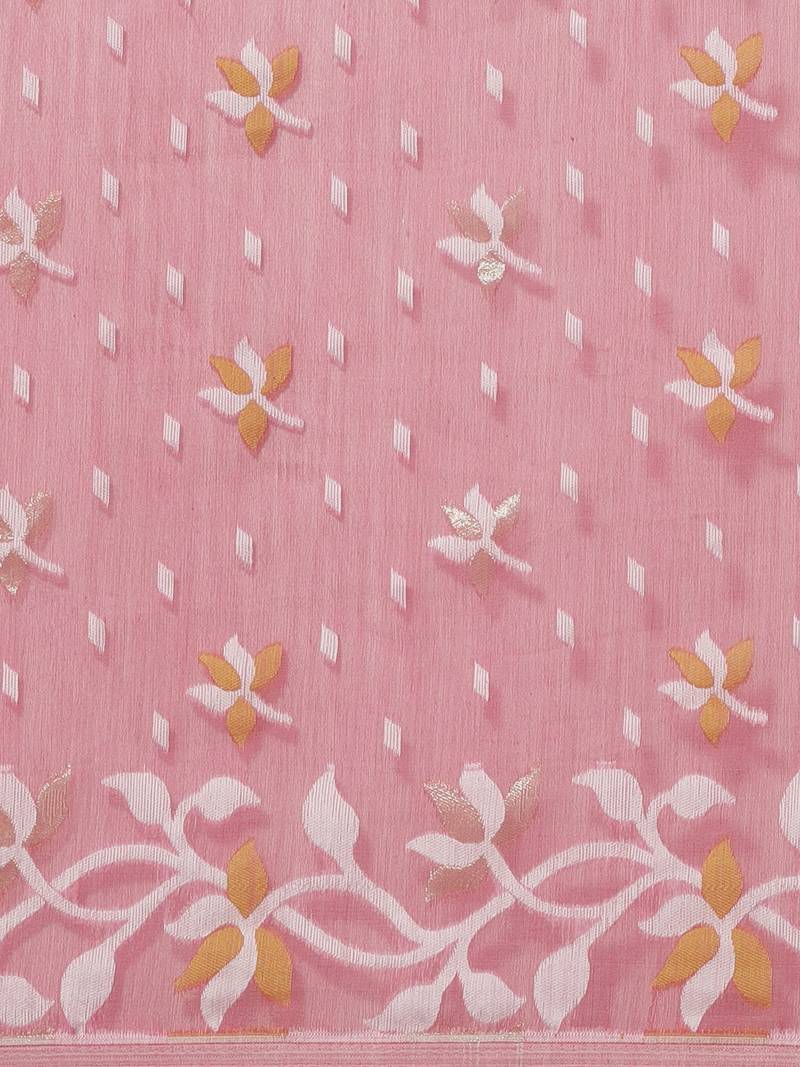 Pink & White Floral Woven Design Dhakai Jamdani Saree Without Blouse