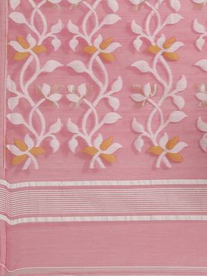 Pink & White Floral Woven Design Dhakai Jamdani Saree Without Blouse 4