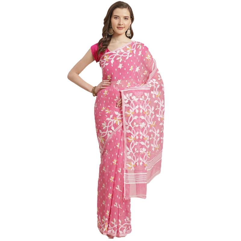 Pink & White Floral Woven Design Dhakai Jamdani Saree Without Blouse