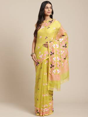 Lime Green & Pink Floral Woven Design Dhakai Jamdani Saree Without Blouse 1
