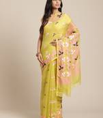 Lime Green & Pink Floral Woven Design Dhakai Jamdani Saree Without Blouse
