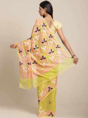 Lime Green & Pink Floral Woven Design Dhakai Jamdani Saree Without Blouse 2