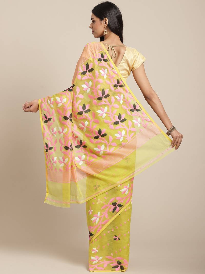 Lime Green & Pink Floral Woven Design Dhakai Jamdani Saree Without Blouse