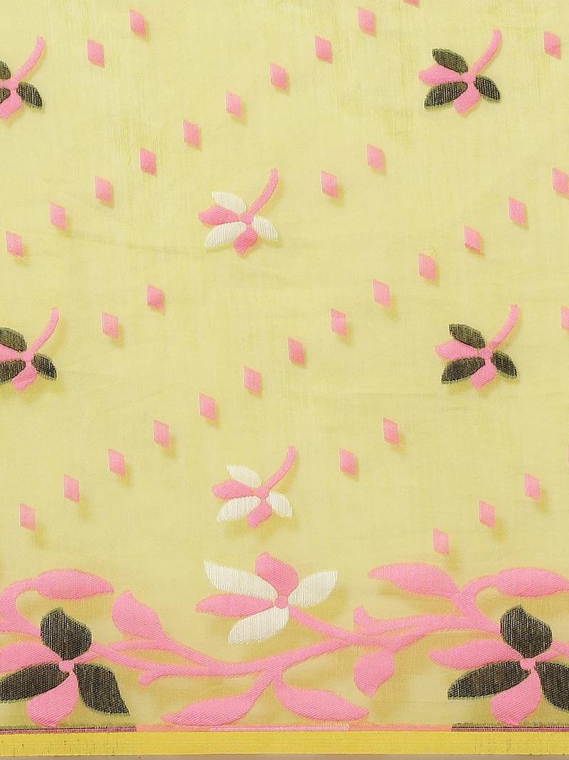 Lime Green & Pink Floral Woven Design Dhakai Jamdani Saree Without Blouse