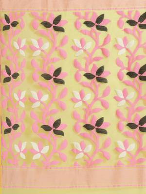 Lime Green & Pink Floral Woven Design Dhakai Jamdani Saree Without Blouse 4