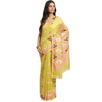 Lime Green & Pink Floral Woven Design Dhakai Jamdani Saree Without Blouse 5
