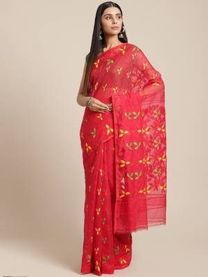 Red & Green Floral Woven Design Jamdani Saree Without Blouse 1