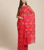 Red & Green Floral Woven Design Jamdani Saree Without Blouse