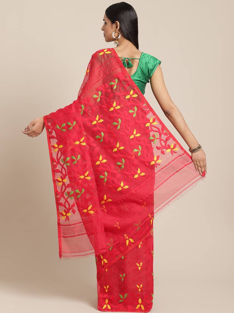 Red & Green Floral Woven Design Jamdani Saree Without Blouse
