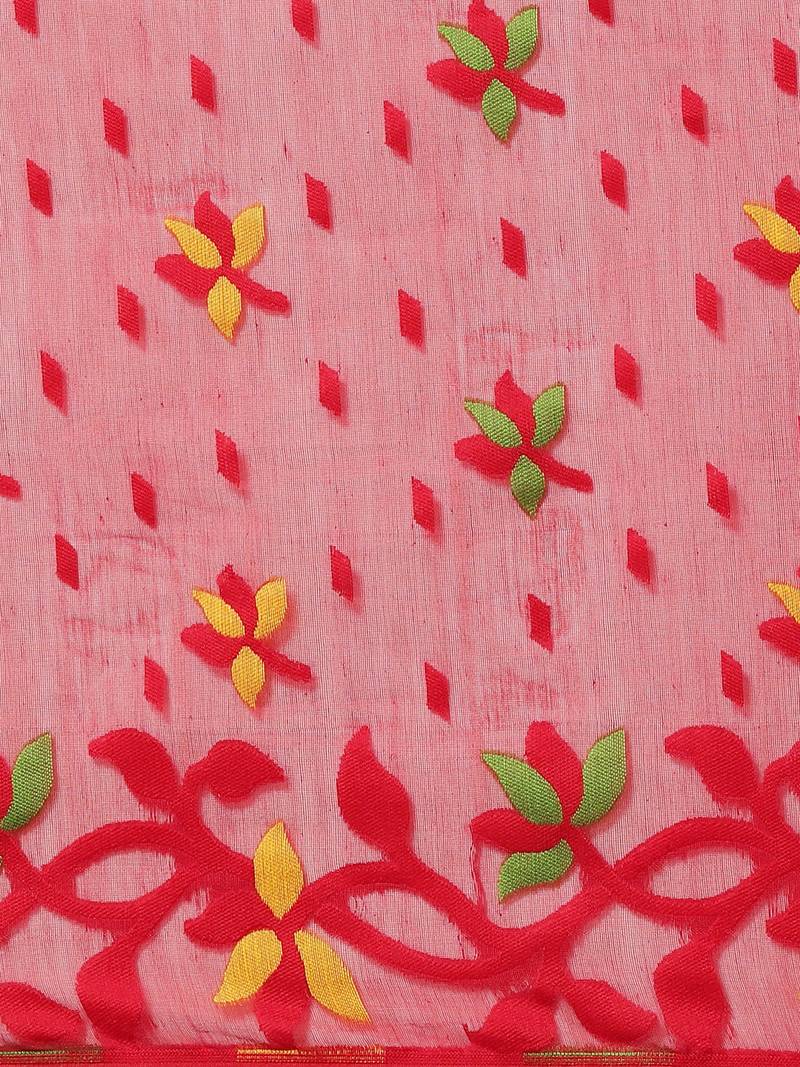 Red & Green Floral Woven Design Jamdani Saree Without Blouse