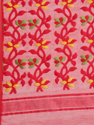 Red & Green Floral Woven Design Jamdani Saree Without Blouse 4