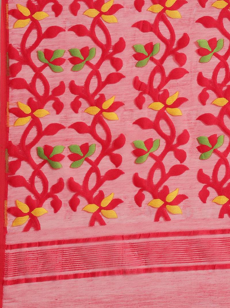 Red & Green Floral Woven Design Jamdani Saree Without Blouse