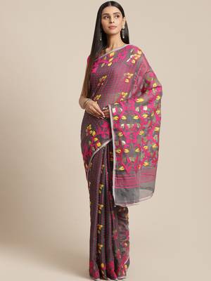 Grey & Pink Floral Woven Design Jamdani Saree Without Blouse 1